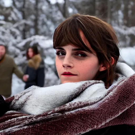 Prompt: emma watson reaching for blanket in cold siberian winter