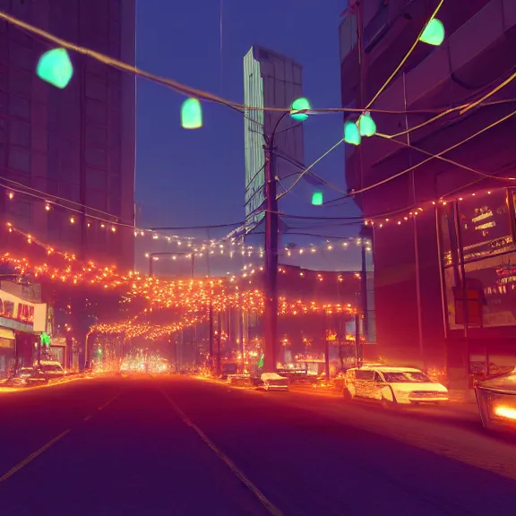 Image similar to Downtown Mexico, string lights, colorful lighting, night, realism, gta 5 screenshot, by Tooth Wu, by Lienzo Óleo Paisaje, by Greg Rutkowski