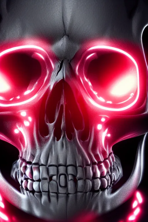 Image similar to closeup shot of a carbon black cyborg, skull, macro shot, dof, cinematic, volumetric lighting, studio shot, octane render, red light, 4 k