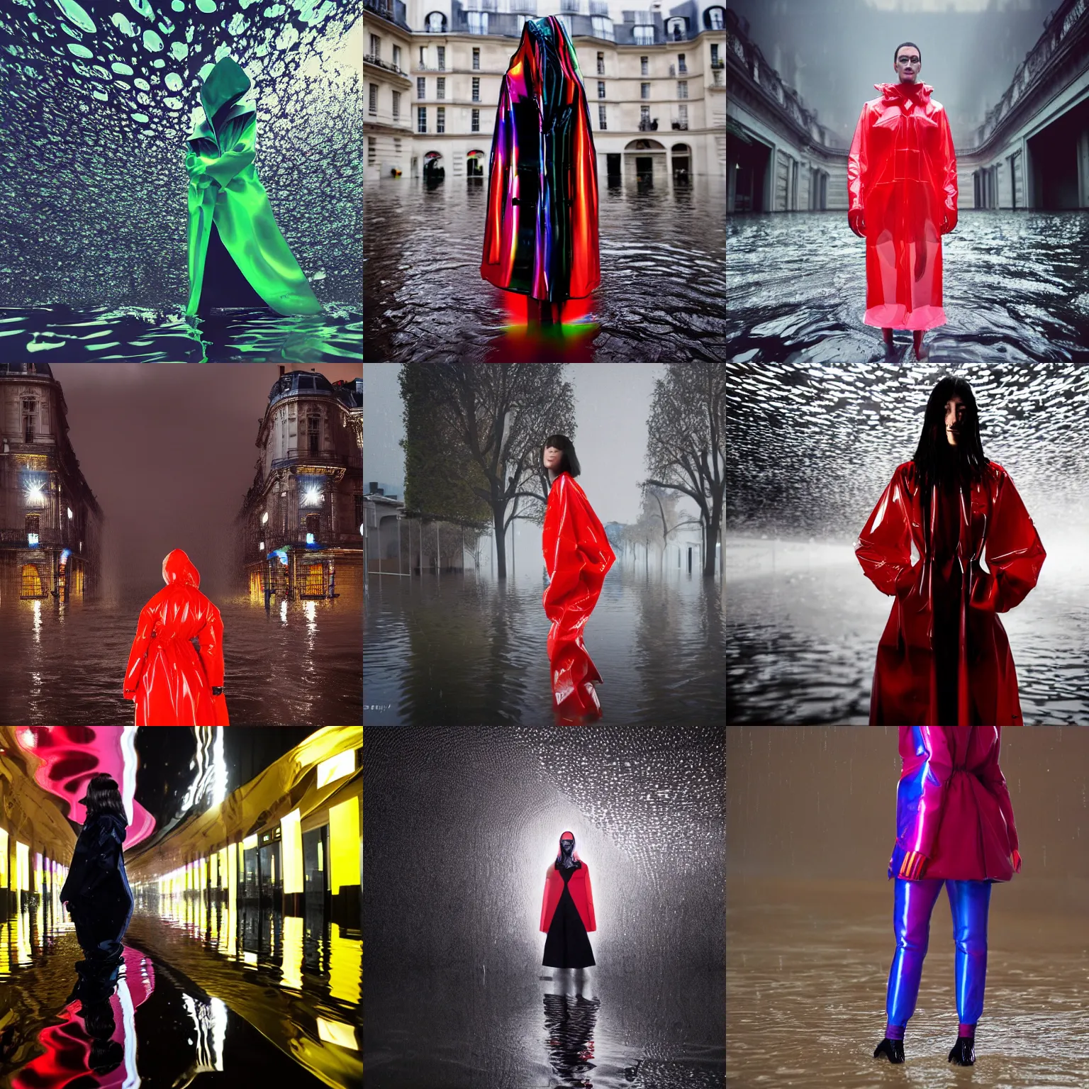 Prompt: Heavy rain during Paris fashion nighttime photoshoot of asymmetrical unusual model standing waist high in heavy floods, submerged to waste, wearing a translucent red refracting rainbow diffusion wet plastic zaha hadid designed pecular highlights raincoat by Nabbteeri, ultra realistic, Kodak , agfa film, 4K, 35mm lens, extreme closeup, underwater frog perspective, chiaroscuro by Nabbteeri, photorealistic, trending on instagram!