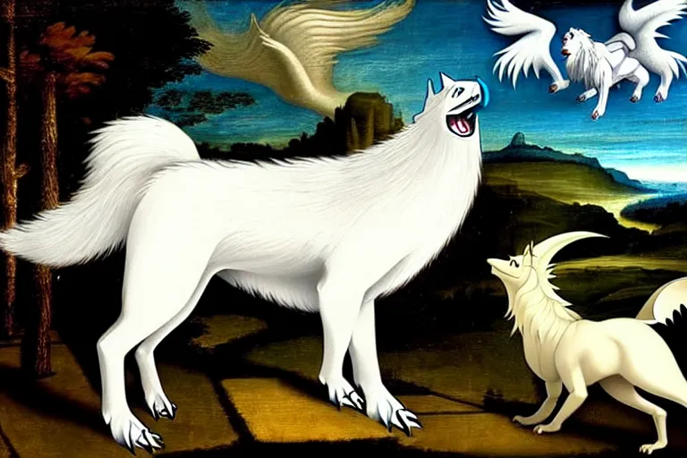 Prompt: a white feathered wolf with a bladed horn and tail. a renaissance oil painting of absol in the style of a pokemon snap screenshot.