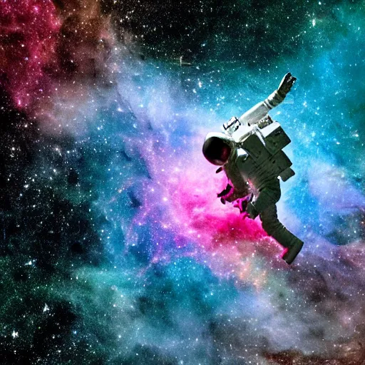 Image similar to an astronaut floats in a colorful nebula