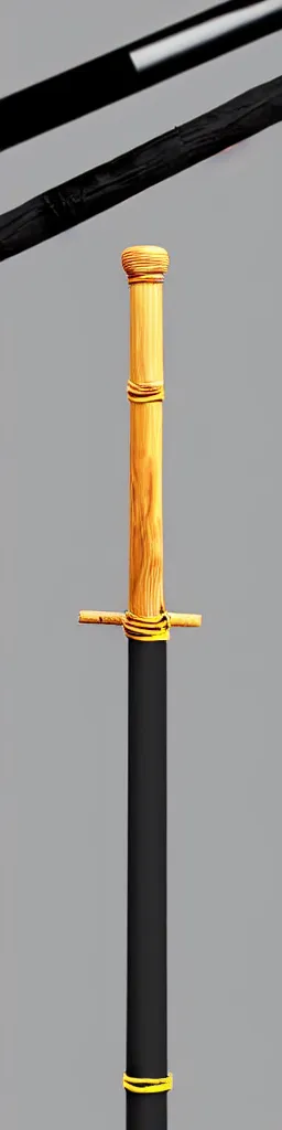 Prompt: picture of a single wooden long straight thin ninja fighting staff, black, weapon, highlight, sci - fi, fantasy, dnd, close shot, bright uniform background, award winning