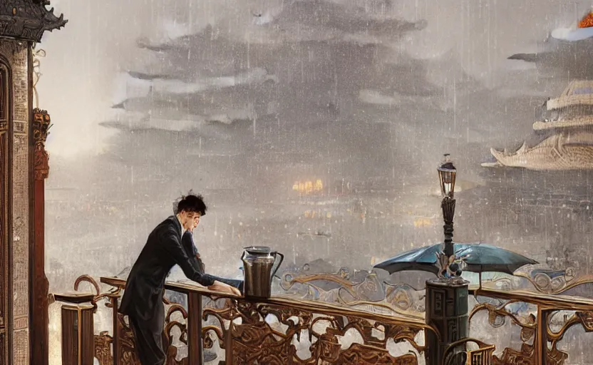 Prompt: elegant man drinking coffee at balcony in guangzhou, city with detailed forbidden city seen behind, late night raining, highly detailed characters, by greg rutkowski, alphonse mucha, beeple, sharp focus, digital art, smooth, light refraction, pixiv art, volumetric lighting