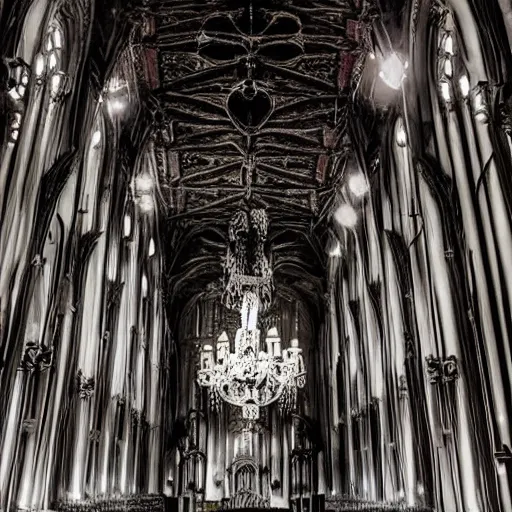 Prompt: large gothic hall with large chandeliers under the ceiling, horror movie, moonlight