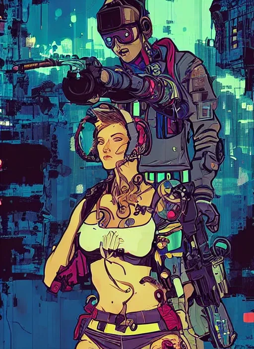 Prompt: sophia. cyberpunk mercenary with scenic background. portrait illustration, pop art, splash painting, art by ashley wood, alphonse mucha, laurie greasley and josan gonzales. cinematic. beautiful lighting.