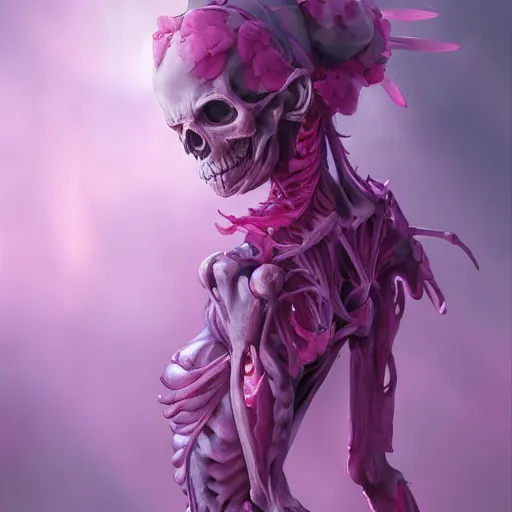 Image similar to Pink Death skeleton, by Stanley Artgerm Lau, WLOP, Rossdraws, James Jean, Andrei Riabovitchev, Marc Simonetti, Yoshitaka Amano, ArtStation, CGSociety,