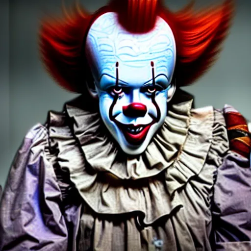 Image similar to a photograph of pennywise dressed as a doctor at a hospital, full shot