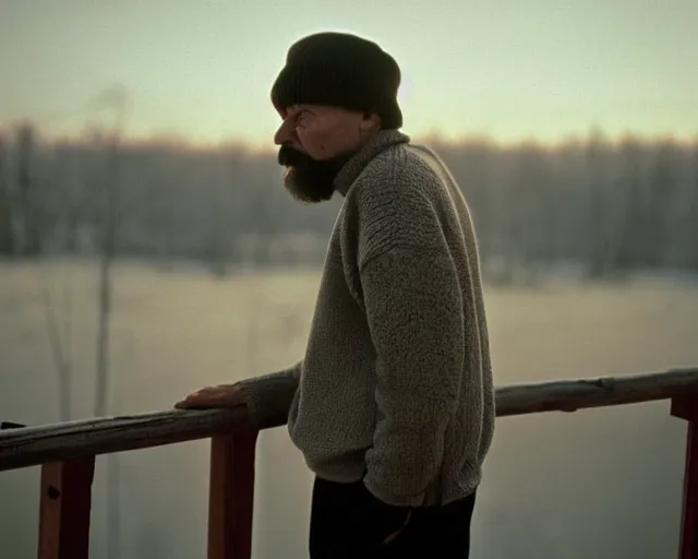 Image similar to award - winning lomographic tarkovsky film still of 4 0 years russian man with beard and sweater standing on small hrushevka 9 th floor balcony in taiga looking at sunset, cinestill, bokeh