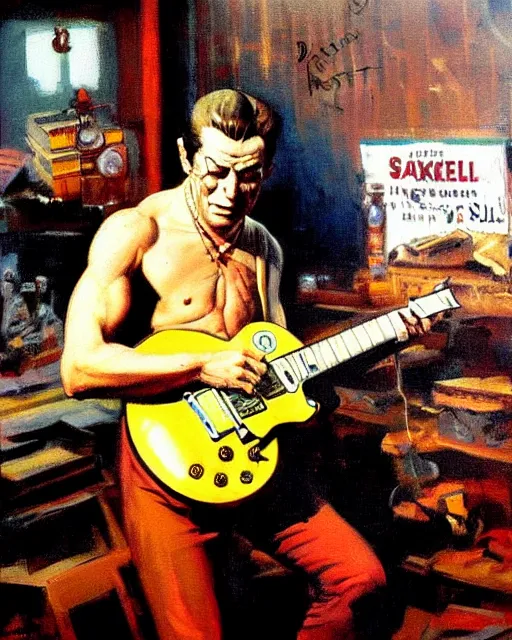 Image similar to Snake Oil salesman shredding on a Gibson Les Paul in a snake oil warehouse, painting by Frank Frazetta