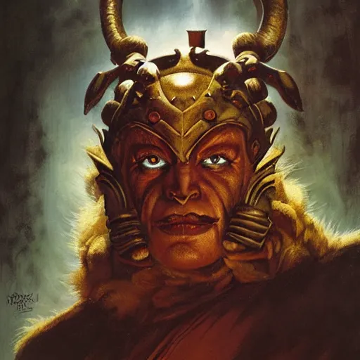 Image similar to head and shoulders portrait of a rakshasa, d & d, fantasy, greg rutkowski, frank frazetta, alexandre chaudret, boris vallejo, michael whelan, miro petrov, hr giger, magali villeneuve, donato giancola