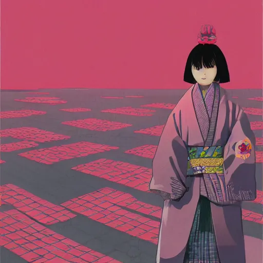 Image similar to a japanese woman battles pink robots, illustrated, detailed
