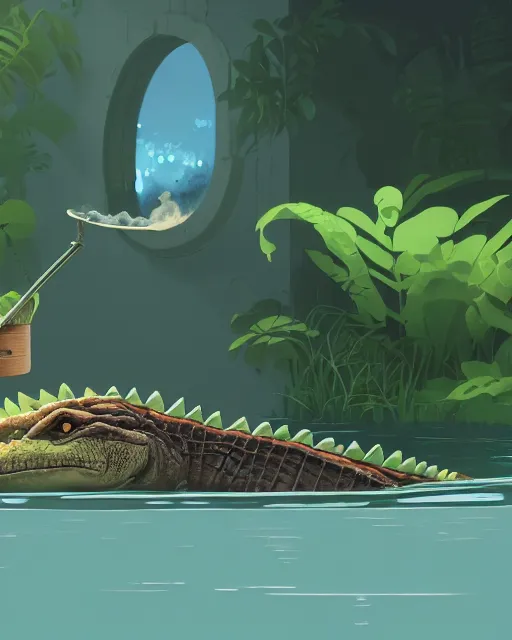 Image similar to a crocodile smoking a pipe while taking a bath in a well with lush vegetation around, cory loftis, james gilleard, atey ghailan, makoto shinkai, goro fujita, character art, rim light, exquisite lighting, clear focus, very coherent, plain background, soft painting