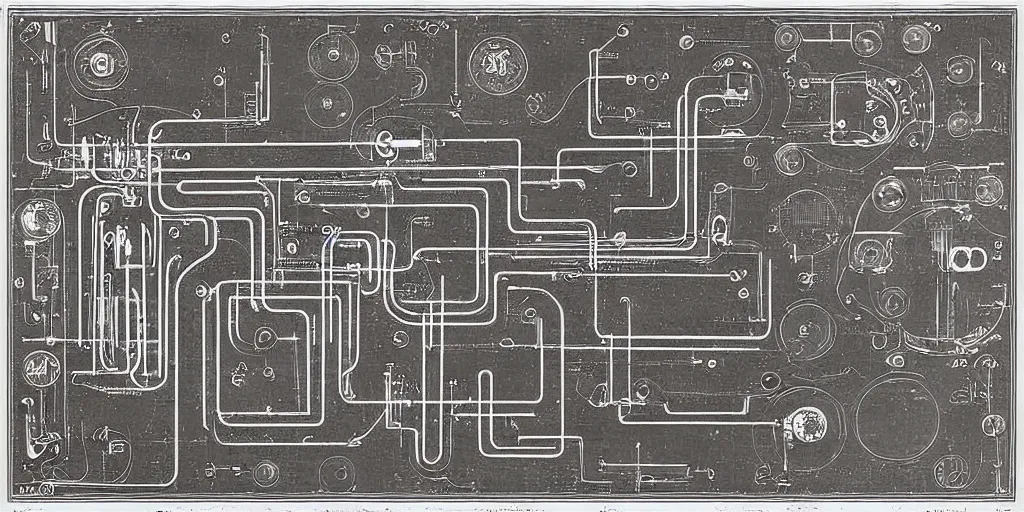 Image similar to mechanical diagram of an electronic trumpet made of silver, bone, pvc and miscellany