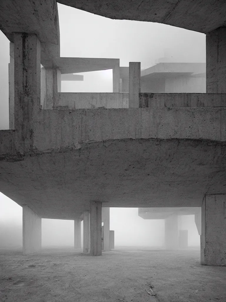 Prompt: High resolution black and white photograph with a 22mm F/12.0 lens of a Brutalist architectural building in Albania in the 1970s in the middle of a deserted nowhere while foggy and cloudy.