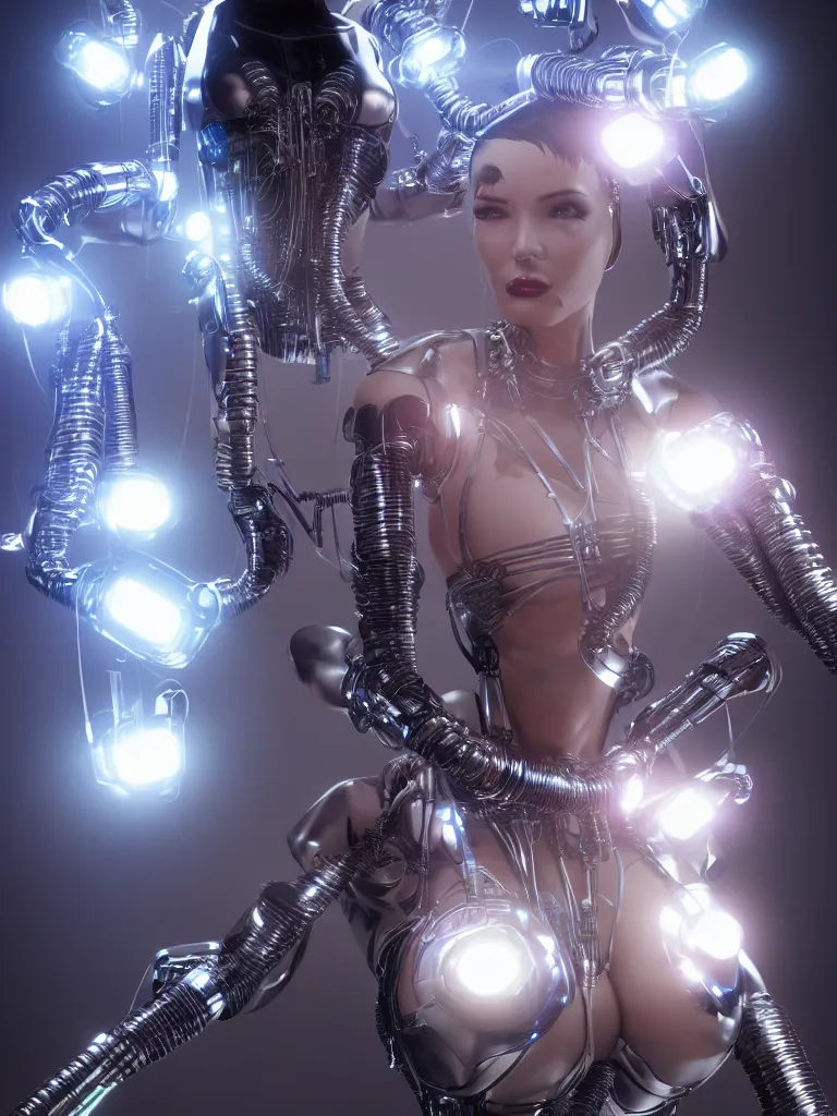 Prompt: cinematic, photography, medium shot, portrait, a beautiful betty page cyborg, perfect chromium bionic body, holographic ui data displays, hud interface, floating power cables, hajime sorayama, h. r. giger, octane rendered, 4 k, lens flare,
