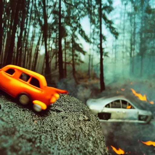 Image similar to macro photography of a toy hot wheels car driving through a forest fire, 3 5 mm