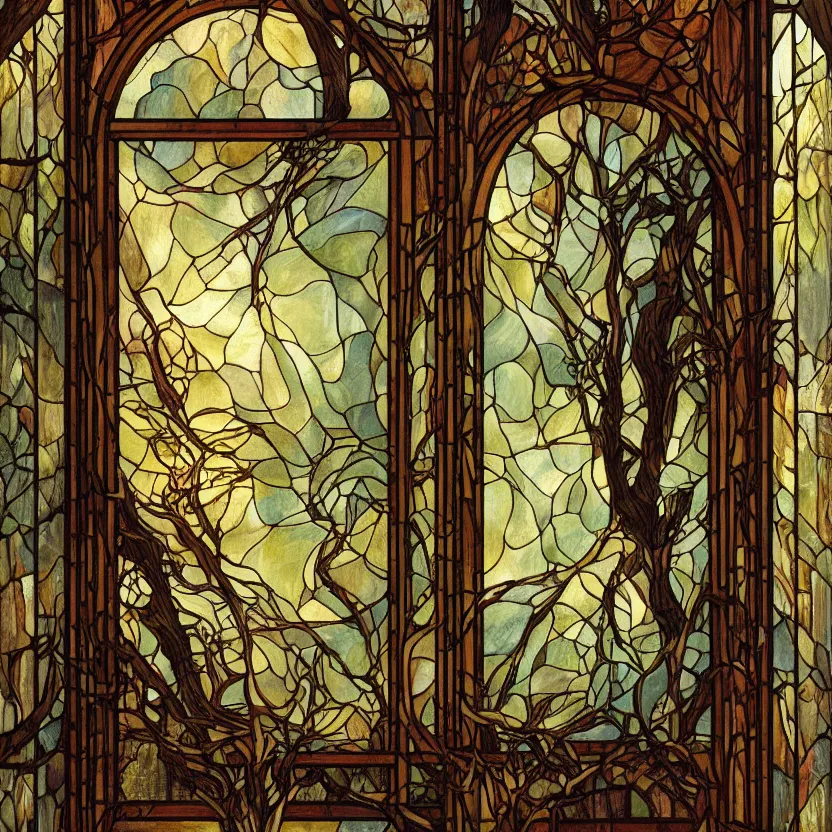 Prompt: a painting of a window with a view of a forest, poster art by Yoann Lossel, cgsociety, art nouveau, stained glass, detailed painting, artstation hq