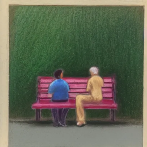 Prompt: a couple sitting on a park bench, pastels