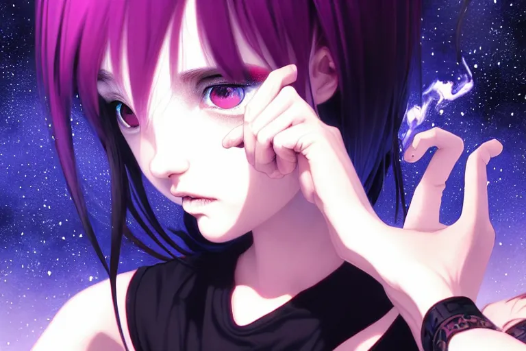 Image similar to emo girl battles again a stove fire. floating planets on the background, box office hit, fantasy and cosmic horror movie, unreal engine, intricate, highly detailed 8 k, ambient occlusion, extremely beautiful and aesthetic shape of face and body, art by hiroaki samura and ilya kuvshinov and rossdraws