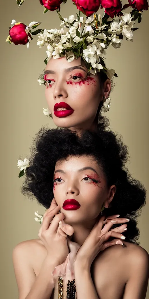 Image similar to Portrait of a European woman, black, close-up, high sharpness, zeiss lens, fashion photo shoot, peony flowers, red hair, red lipstick, in the background of gold, they have rhinestones on their face, Edward Buba, Annie Leibovitz and Steve McCurry, Leslie Zhang, David Lazar, Jimmy Nelsson, Eiko Hosoe, artistic, hyperrealistic, beautiful face, octane rendering