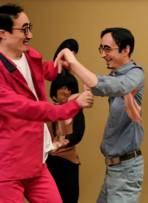 Prompt: a photo of filthy frank dancing next to goji