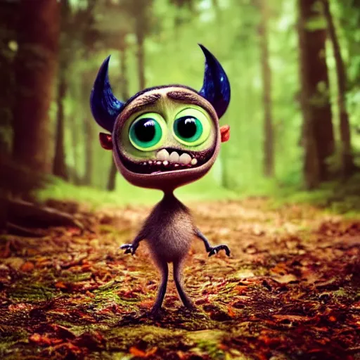 Prompt: a cute little monster with big eyes, portrait, pixar style, forest background, cinematic lighting, award winning creature portrait photography