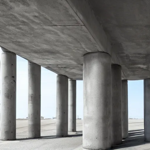 Prompt: a flate endless plane of concrete covered in concrete pillars