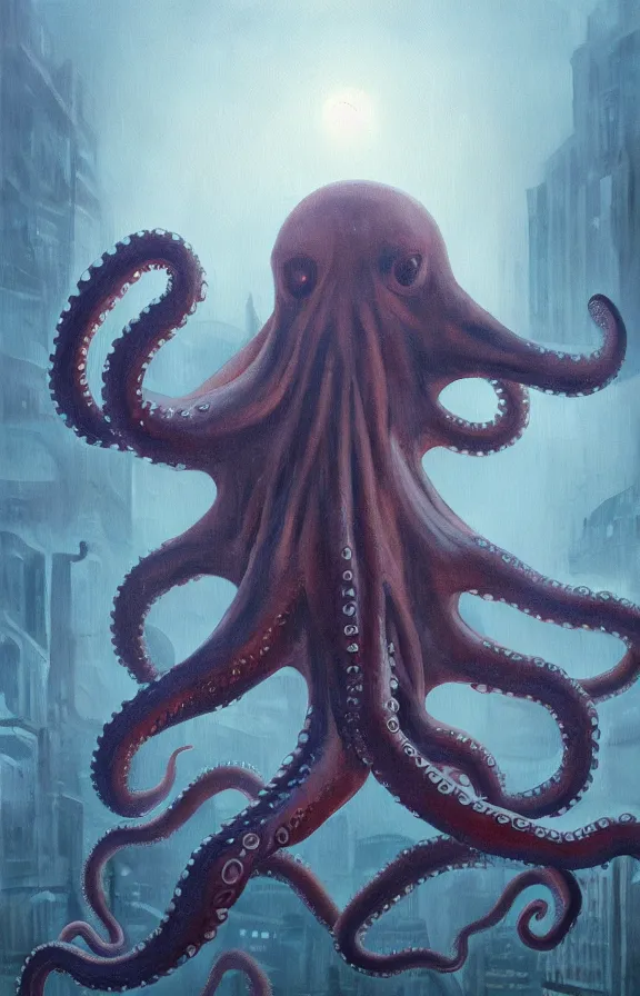 Image similar to a giant octopus monster moving through a foggy and dim city, extremely detailed!!! oil painting, dull palette