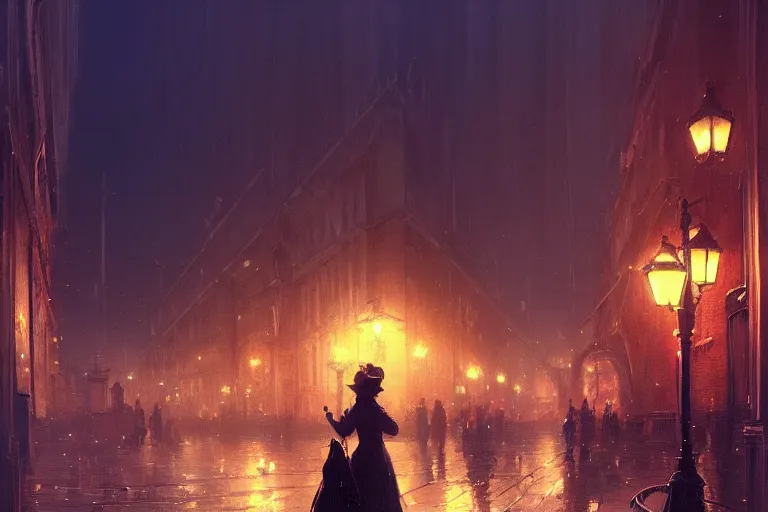 Prompt: an victorian city, scene in the night. 1 8 9 0, key visual, conceptart, ambient lighting, highly detailed, digital painting, artstation, concept art, sharp focus, by makoto shinkai and akihiko yoshida and greg manchess