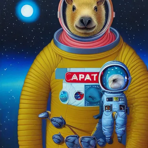 Image similar to beautiful detailed and adorable portrait of a capybara astronaut in a spacesuit by casey weldon by mark ryden by thomas blackshear, super cute, new contemporary, pop surrealism, oil painting