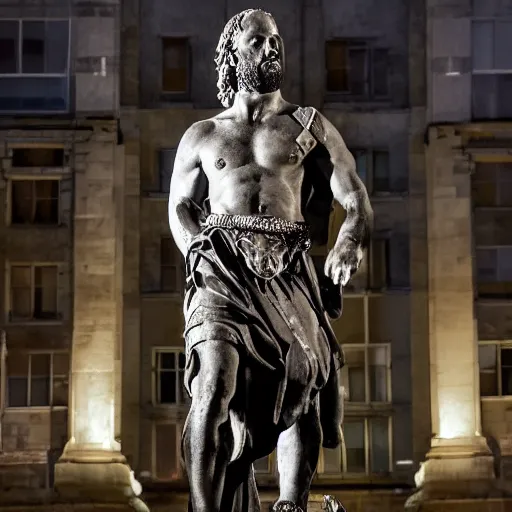 Image similar to a photorealistic marble statue of Mel Gibon’s William Wallace in a Scottish city a night, lit with dramatic lighting, using the golden circle ratio to frame the image correctly, 35mm wide shot, highly detailed