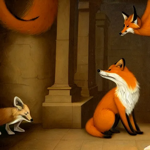 Image similar to an anthropomorphic Fox explores a Dungeon, Renaissance Painting