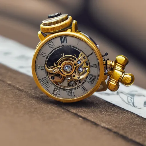 Prompt: a steampunk watch in polished gold and silver showing the detailed workings by Tomer Hanuka, macro photography, F/2.8, trending on artstation, octane render