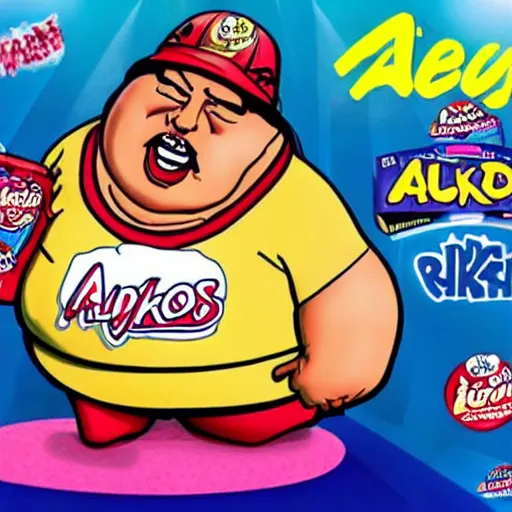 Image similar to obese steven seagal as sponsor of a sugary cereal called aikidos! with mischievous cartoon rat mascot