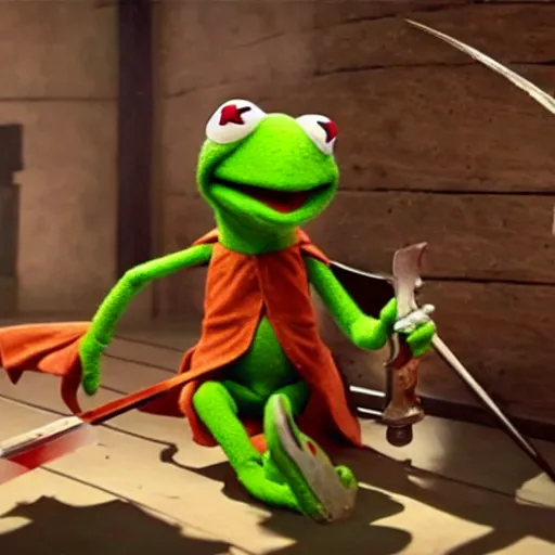 Image similar to kermit kills with a sword, blood shower, hyper detailed, 8 k, pixar.