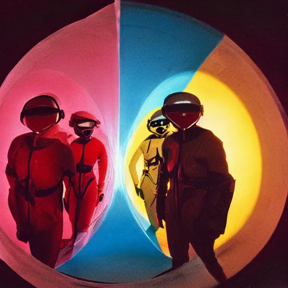 Prompt: two time pilots wearing flight masks and red rick owens flight suits inside the glowing geometric rainbow portal to the sixth dimension by frank frazetta