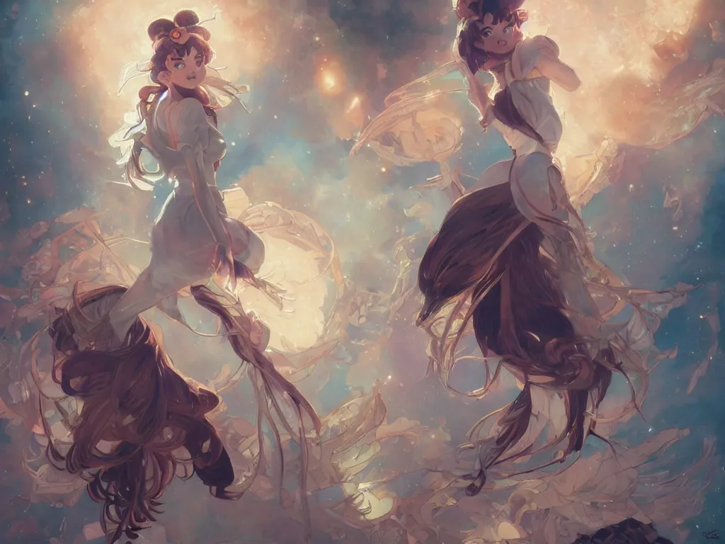 Image similar to Sailor Moon in Wallace and Gromet, cinematic lighting, battered, sci-fi, fantasy, intricate, elegant, highly detailed, digital painting, artstation, concept art, smooth, sharp focus, illustration, art by artgerm and greg rutkowski and alphonse mucha