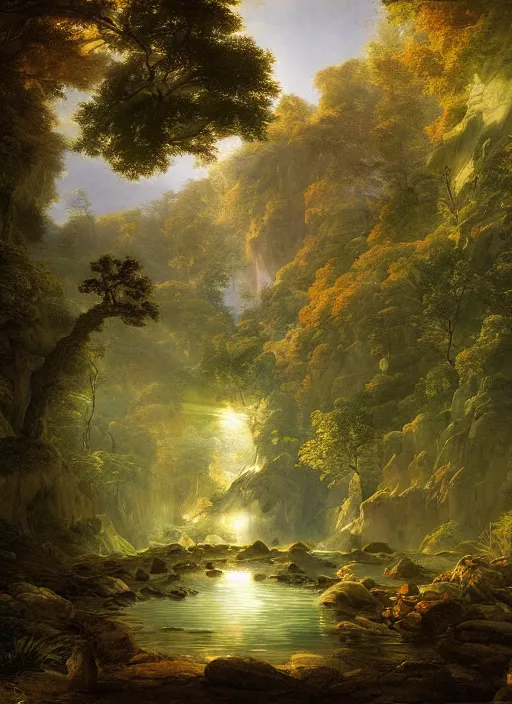 Image similar to a forest oasis, rock pools, harmony of nature, infinite dawn, angelic light, sparkling dew, epic atmosphere, by asher brown durand, by yoshitaka amano