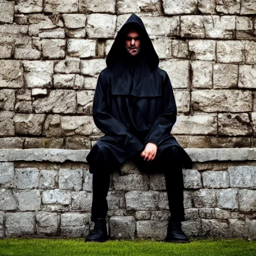 Image similar to black hooded trench coat man sitting on the edge of a castle, gothic, raining, 4k resolution