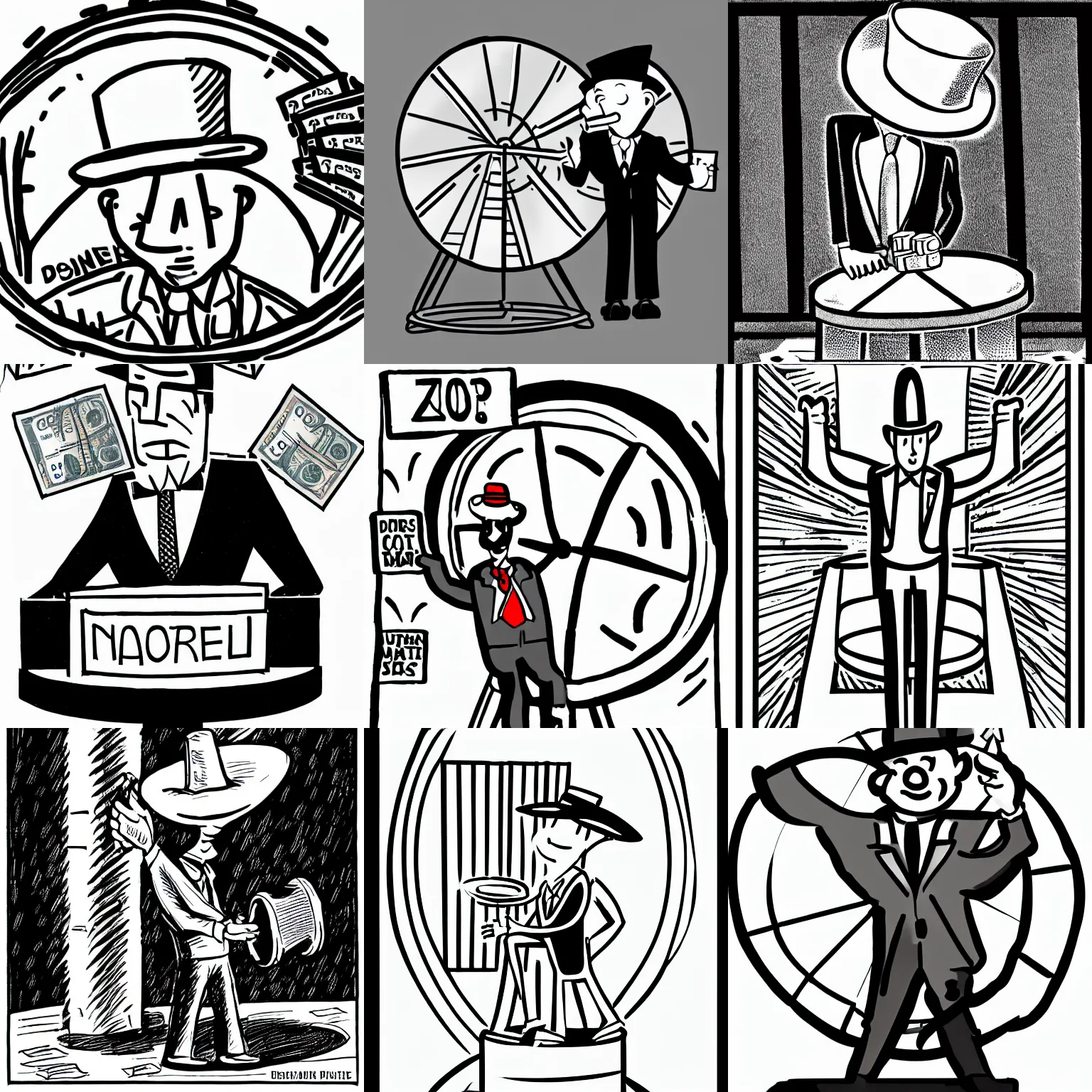 Prompt: man suit on a price wheel with a pointy hat, dollars in pocket, cartoon, comic, illustration, b&w