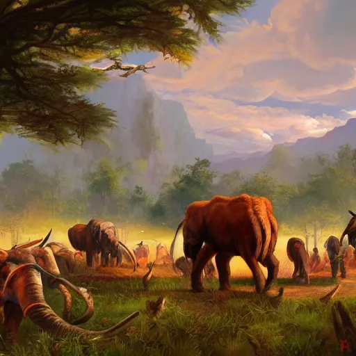 Prompt: painting of primitive people hunting a herd of mammoths, artstation, vibrant, colorful, ultra detailed