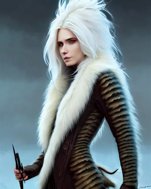 Image similar to dragon hunter wearing a fur - lined dragonhide jacket!!! beautiful and gorgeous wild white long haired female!! symmetry, character concept art, sharp focus, illustration, art by artgerm! greg rutkowski magali villeneuve wlop! ilya kuvshinov!! charlie bowater! octane render, unreal engine 5! highly rendered!!