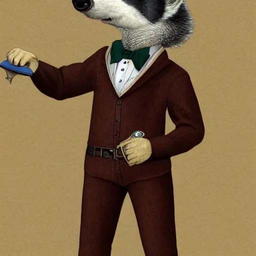 Prompt: an anthropomorphic badger wearing dressed as a professor.