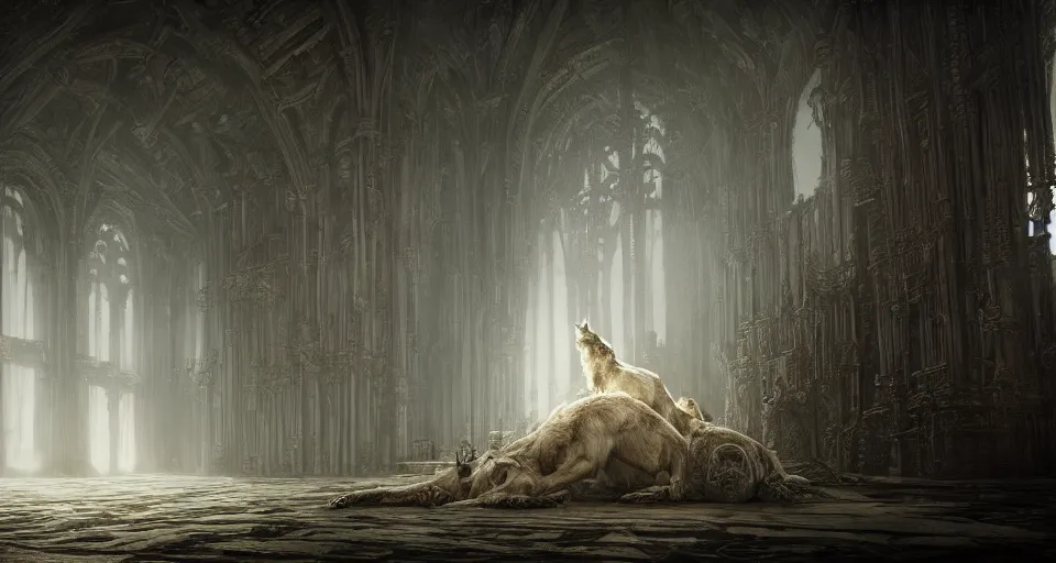 Prompt: king of the wolves - fantasy, inside the king's hall wolves and their treasures, ethereal, ominous, misty, 8 k, by h. r. giger and greg rutkowski, the last guardian by fumito ueda - elden ring