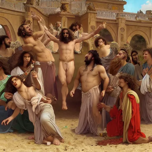 Image similar to an extremely detailed matte painting of a ridiculously good looking supply side jesus that looks like a jewish gigachad with his 1 2 apostle entourage droing keg stands, long curly hair, elegant ancient greek dress, very detailed, windy beach, beautiful, intricate, cinematic, artstation, william bouguereau, alphonse mucha, greg rutkowski, rossdraws, octane render