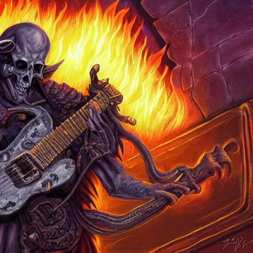 Prompt: Diablo, the lord of destruction, playing electrical guitar in hell for a crowd of skeletons. Digital painting. Realistic