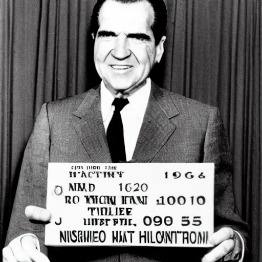 Image similar to mugshot of Richard Nixon holding prisoner number board