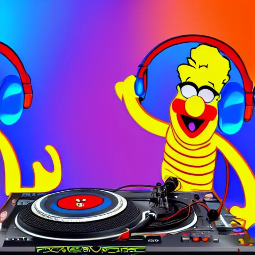 Image similar to svg sticker of a Pop-Wonder Bert&Ernie, Sesame-Street, at a rave, spinning records, giant headphones rocking out, wearing headphones, huge speakers, dancing, rave, DJ, spinning records, digital art, amazing composition, rule-of-thirds, award-winning, trending on artstation, featured on deviantart