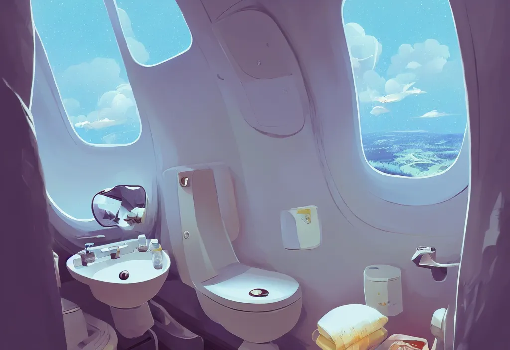 Prompt: A beautiful illustration of a airplane bathroom, trending on artstation, WLOP, cgsociety by Gediminas Pranckevicius, trending on cgsociety, Michaelangelo, bokeh, fractal Thunder glow by dan mumford